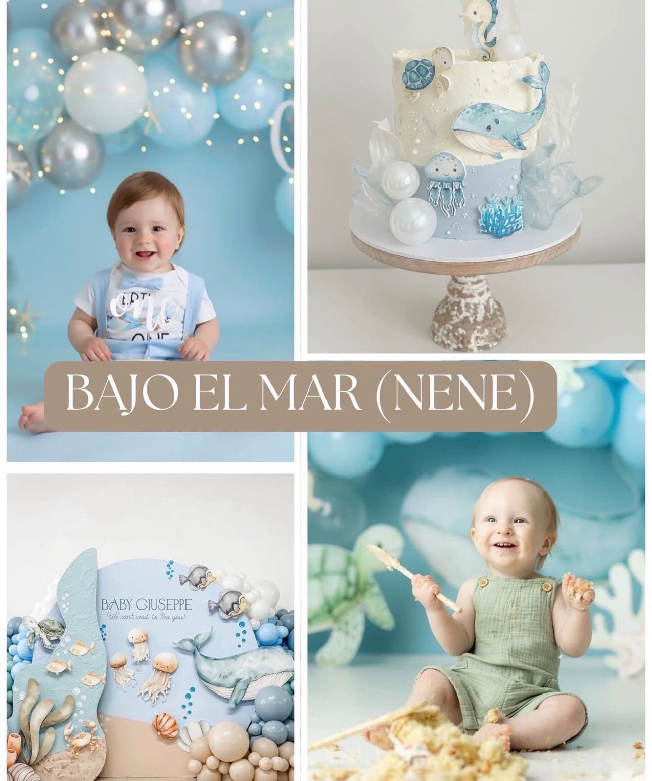 Under the sea themed birthday party decorations with blue balloons, seashells, and ocean motifs.