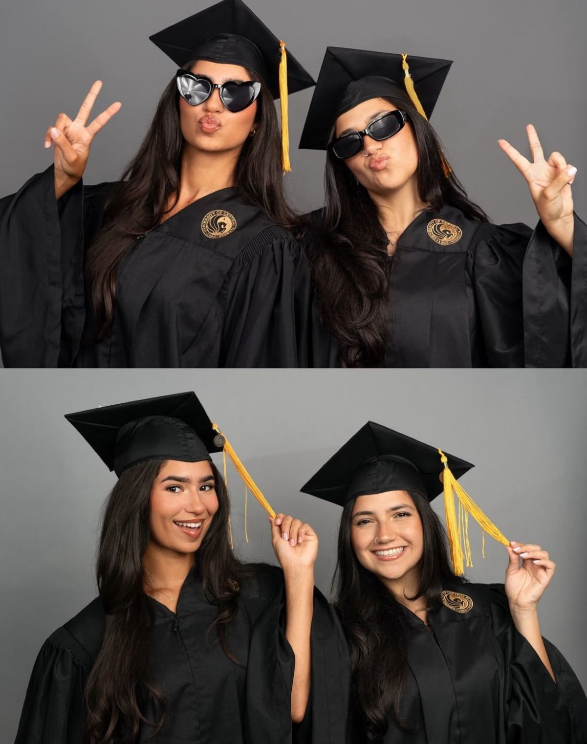Two graduates in black caps and gowns posing together, showing peace signs and playful expressions in a photo collage.