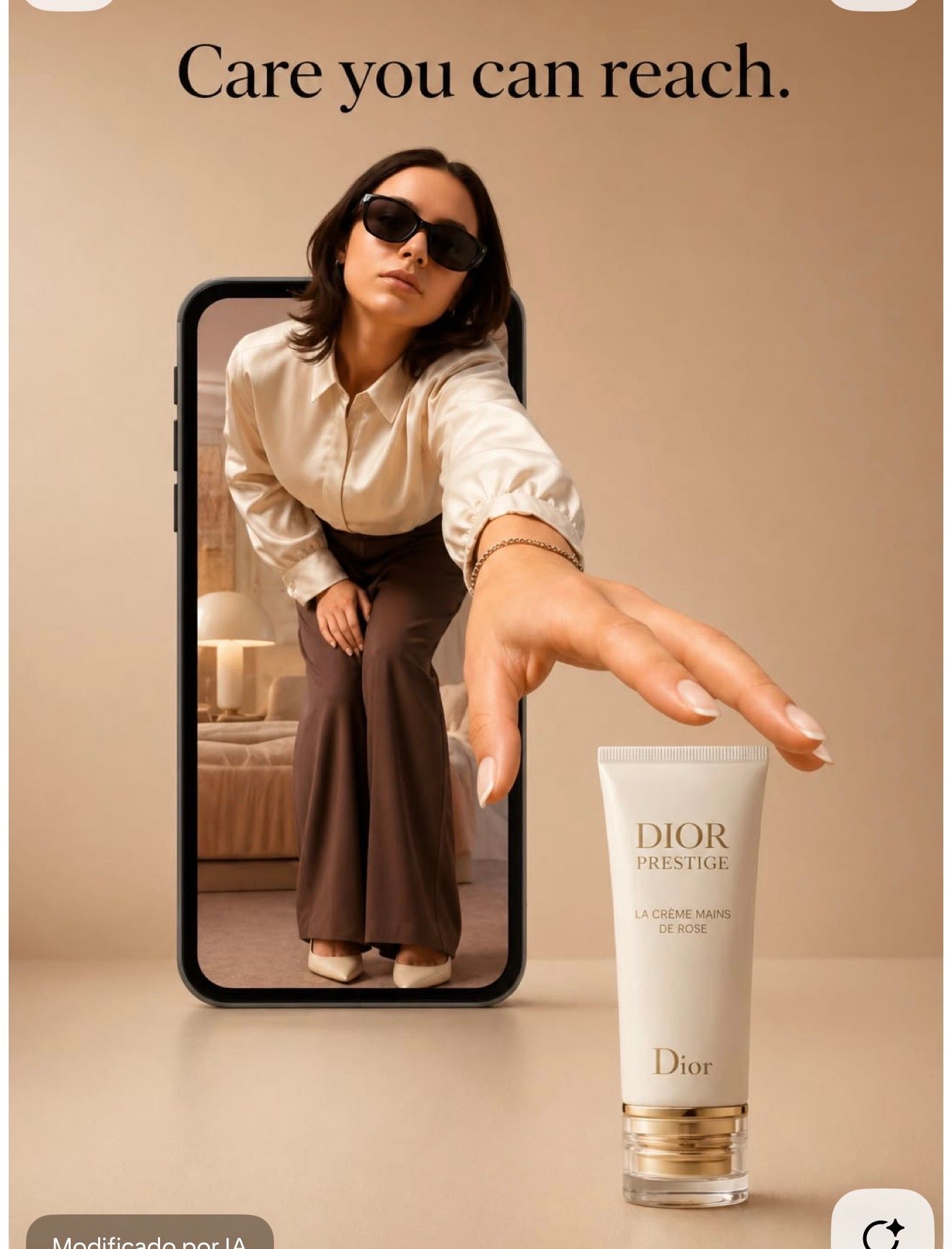 Dior Prestige La Creme Main de Rose hand cream ad featuring a woman reaching through a smartphone screen.