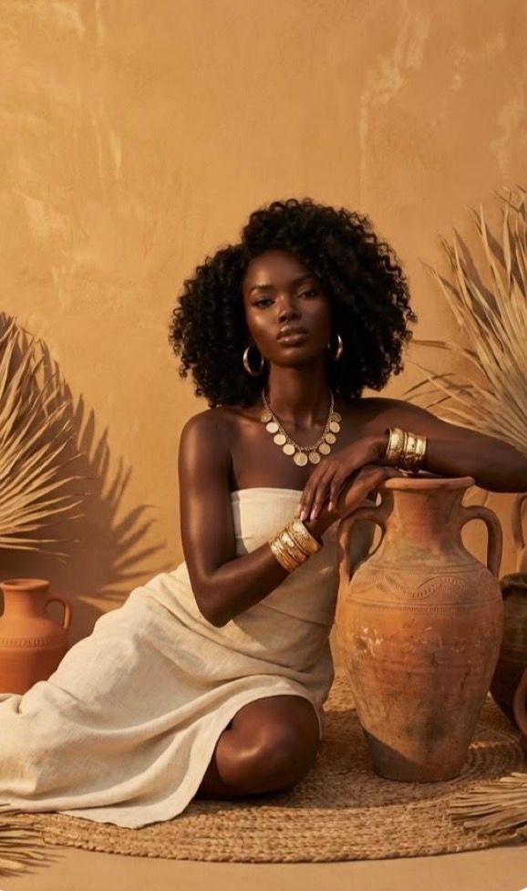 A Black woman in a white linen dress sits beside a terracotta vase, adorned with gold jewelry against a warm earthy backdrop.