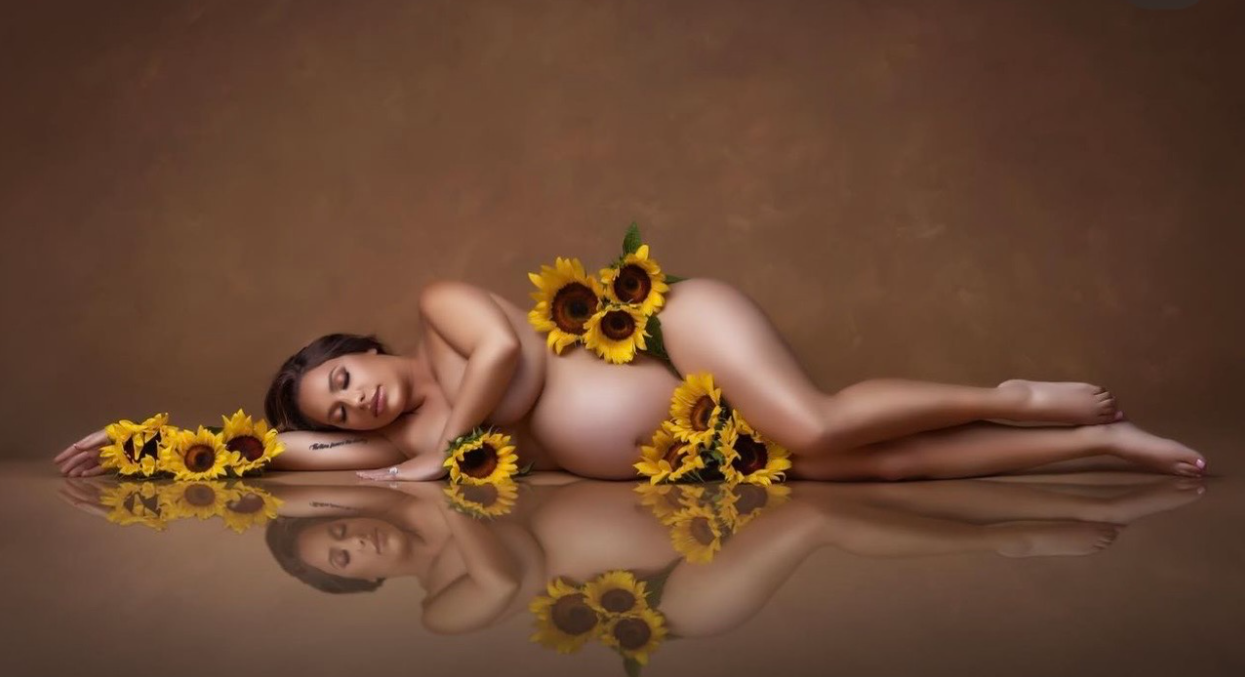 Artistic nude figure study with sunflowers against a warm brown background in a composite sequence.