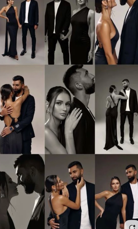 Elegant couples pose in formal black and white attire for a stylish fashion photoshoot with dramatic lighting.