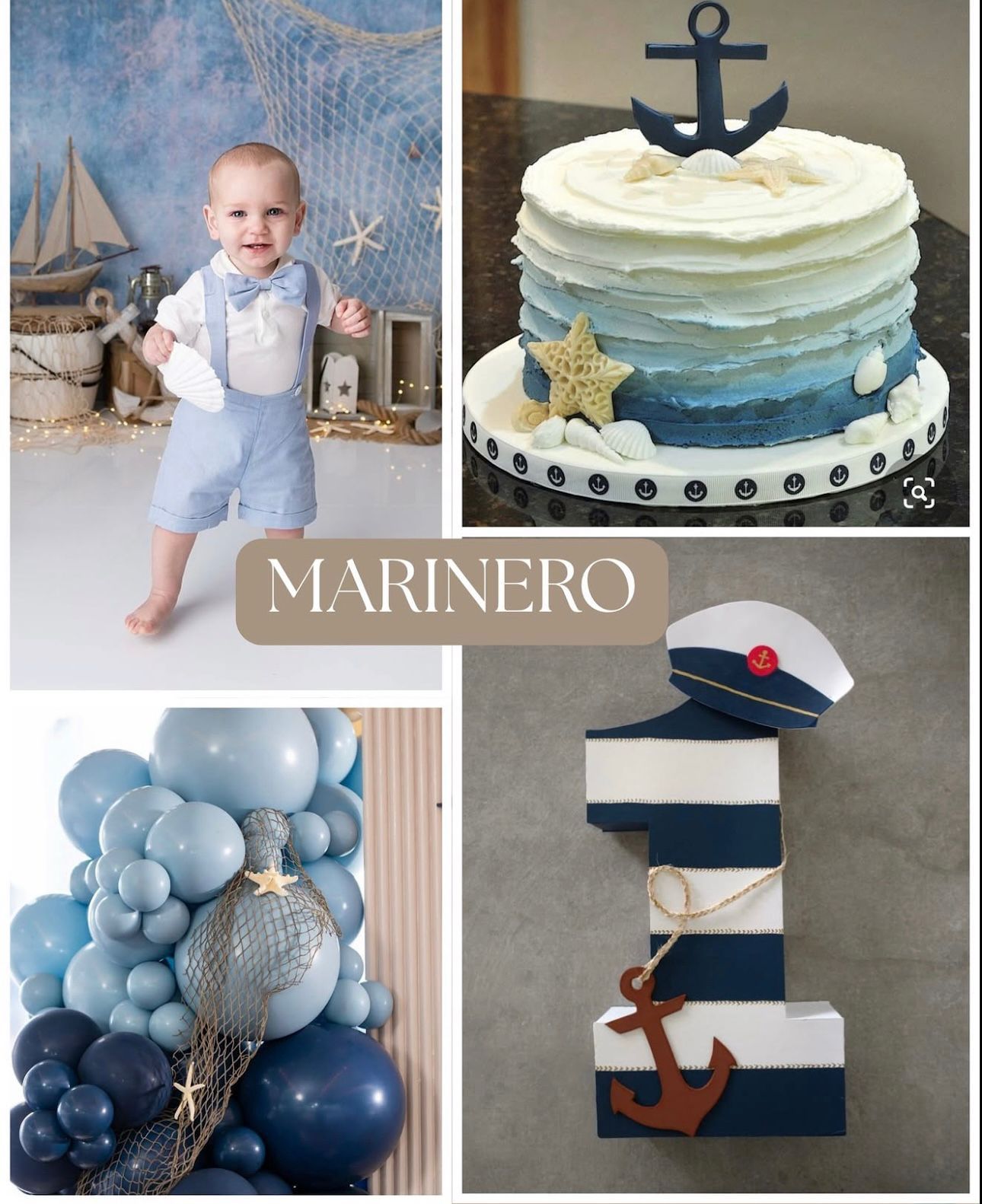 Nautical themed party decor featuring navy blue and white balloons, sailor hats, and maritime cake decorations.