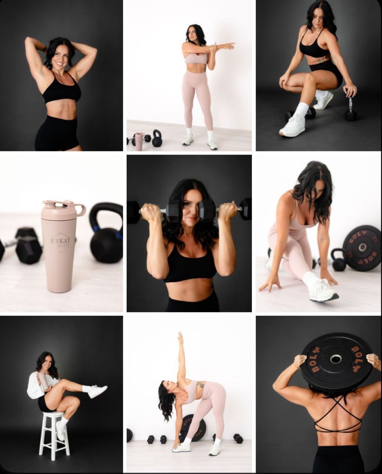 A fit woman poses in multiple athletic outfits with gym equipment including kettlebells, barbells, and a protein shaker in a studio.