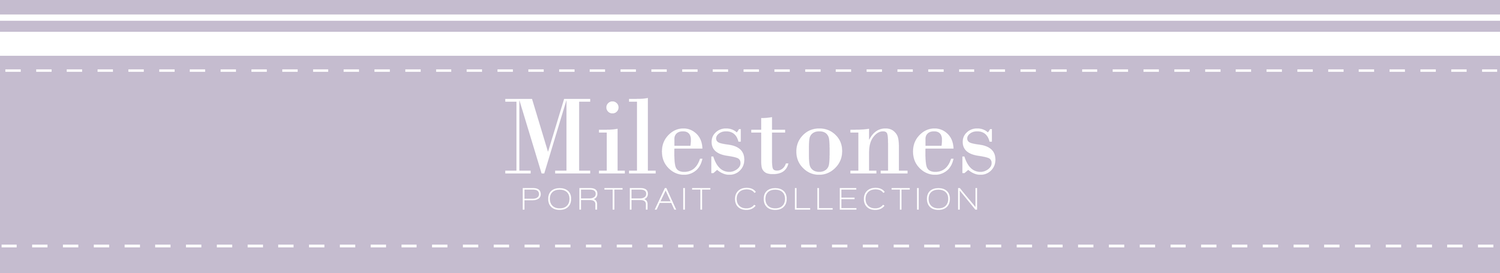 Purple banner with white dashed border featuring the text Milestones Portrait Collection in elegant typography.