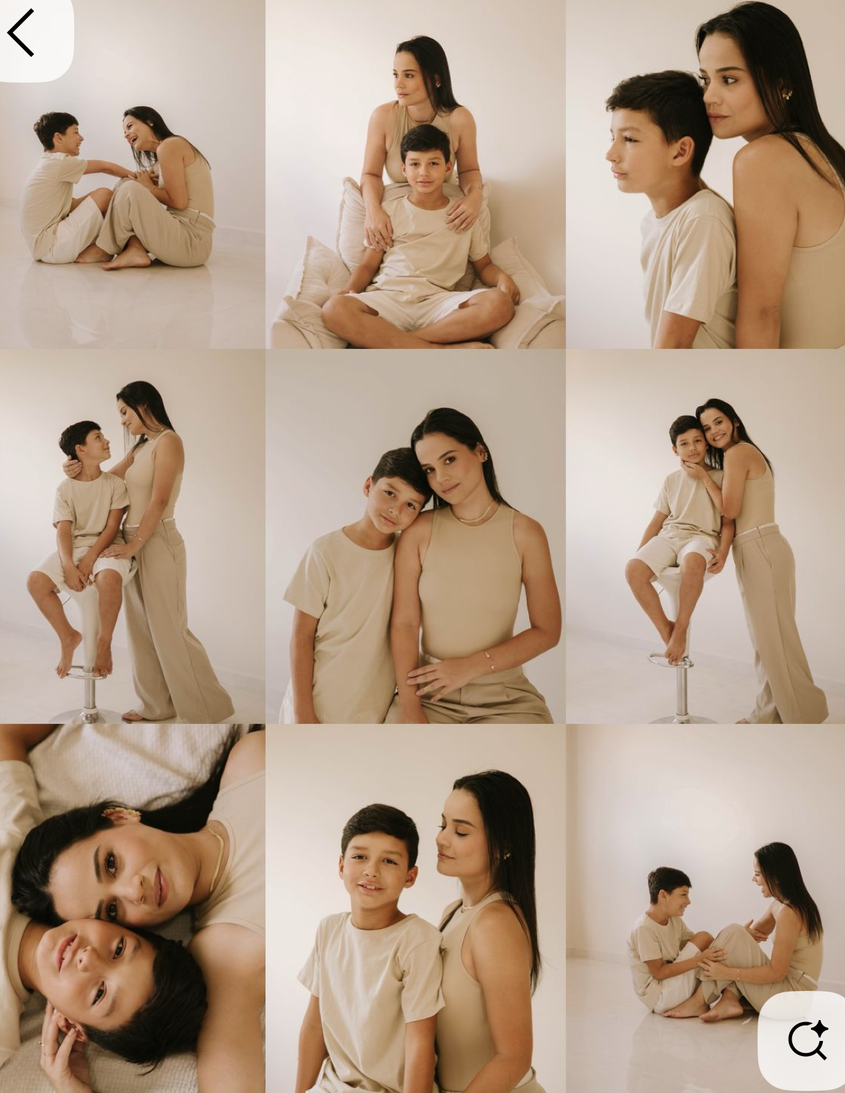 A mother and young son pose together in matching beige outfits against a white studio background in a collage of nine photos.