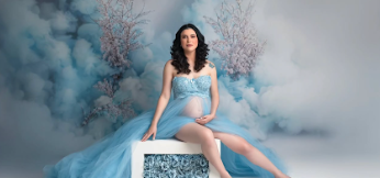 A figure in a flowing blue dress poses gracefully against a cloudy sky background in a series of artistic shots.