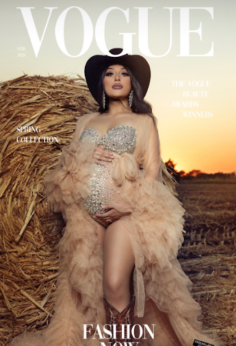 Fashion magazine cover shoot featuring model in glamorous tulle gown posing against rustic hay bales at sunset.