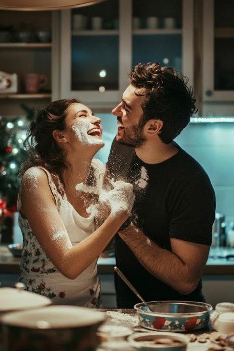 A couple playfully blows flour at each other while baking in a dimly lit kitchen.