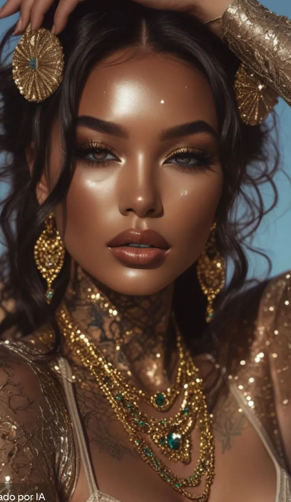 AI-generated woman with golden jewelry, ornate necklaces, glam makeup, and dark wavy hair in artistic portrait.