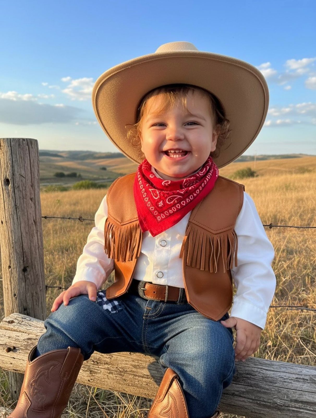 Adorable toddler dressed as a cowboy with fringe vest, red bandana, boots, and hat, sitting on a fence in a golden field.
