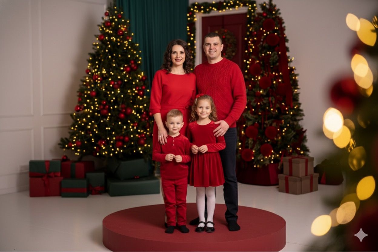 A festive Christmas photo session setup with decorated trees, red presents, and warm bokeh lighting against a white wall.