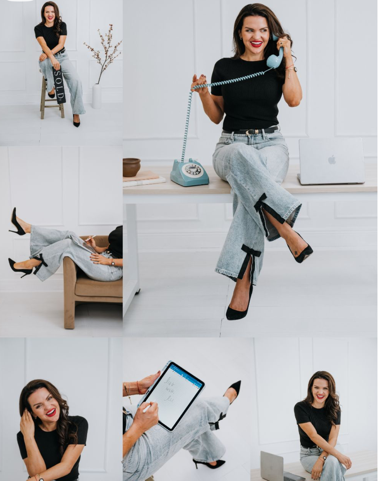 Woman in black top and light jeans poses confidently in multiple professional branding photos with retro blue phone.