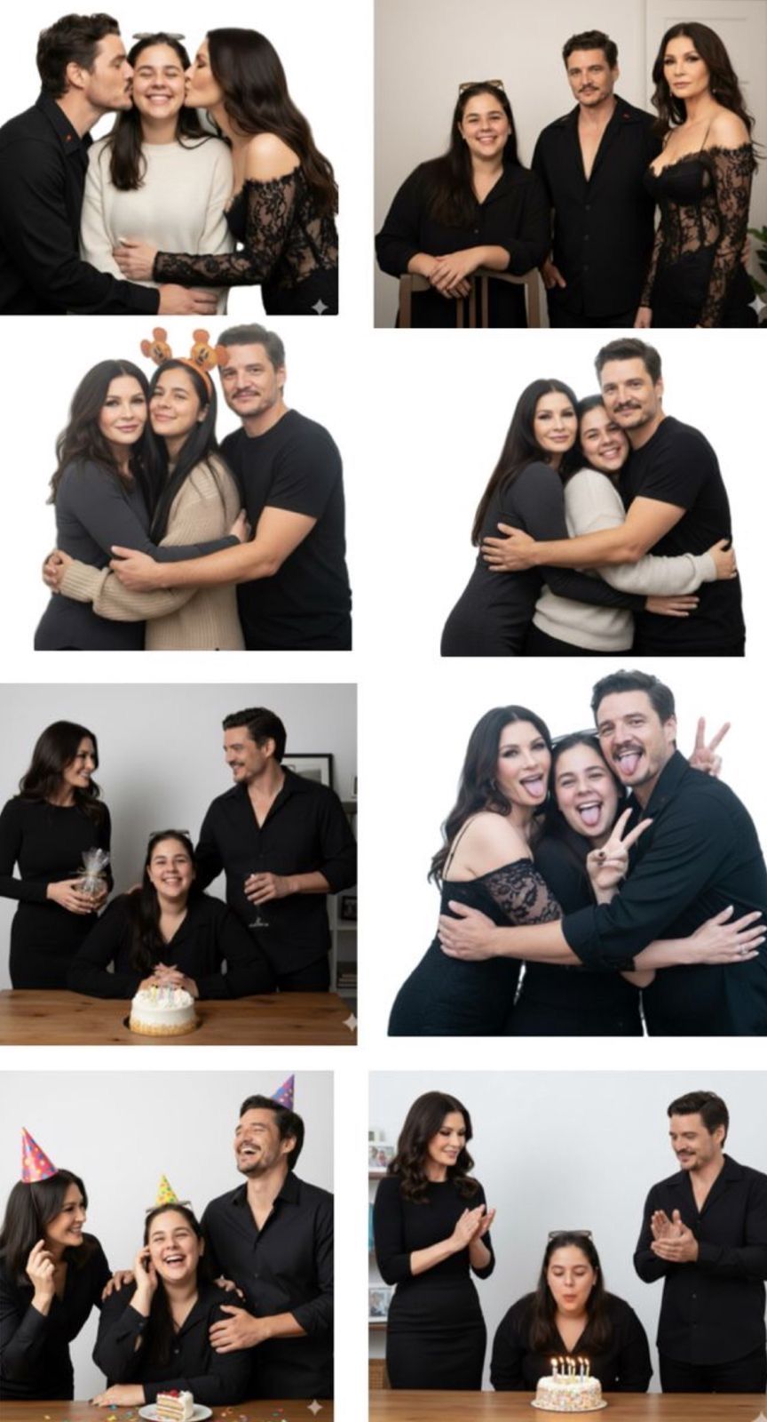 Group of friends celebrating a birthday with cake, party hats, and joyful poses in coordinated black outfits.