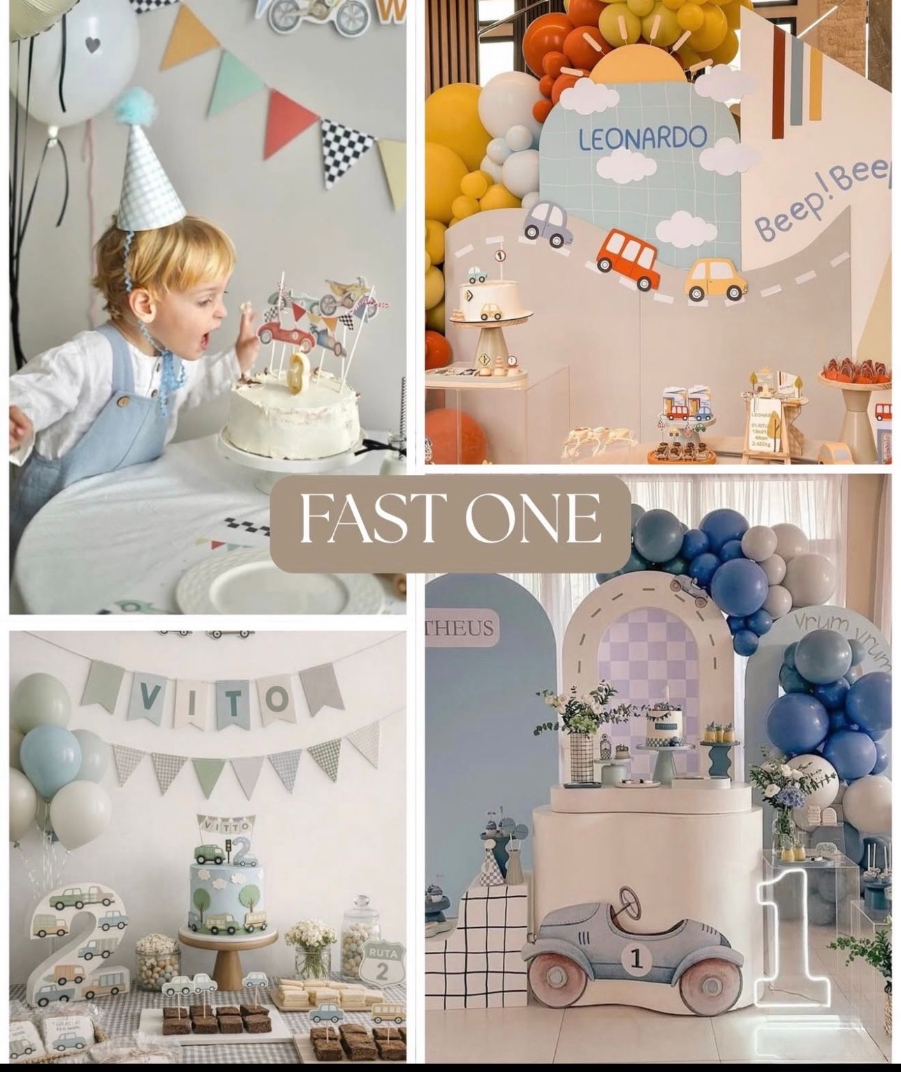 Vintage car themed first birthday party decor with blue balloons, bunting flags and white dessert table setup.