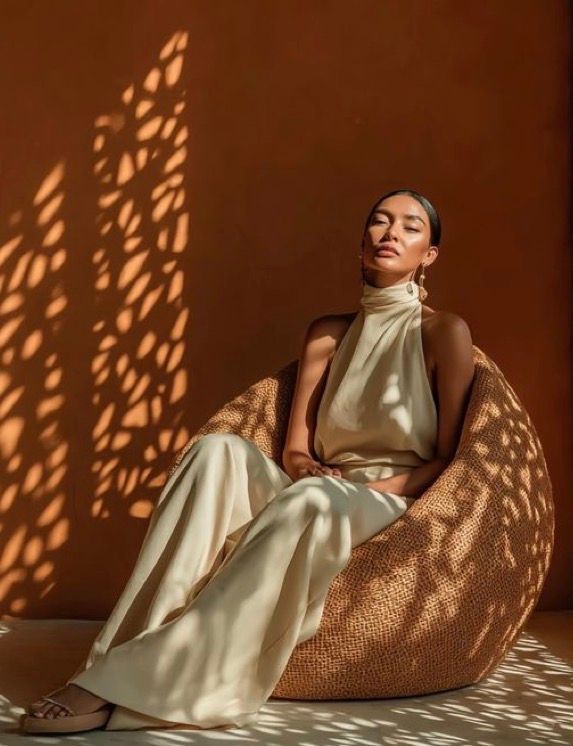 Woman in cream halter jumpsuit seated on wicker bean bag chair, warm terracotta tones with dappled sunlight.