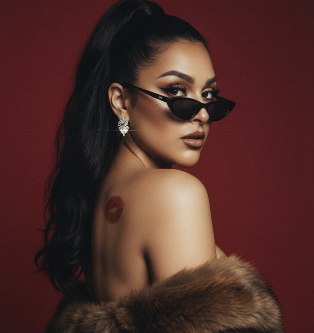 Woman with high ponytail wearing cat-eye sunglasses, diamond earrings, and fur wrap against red background.