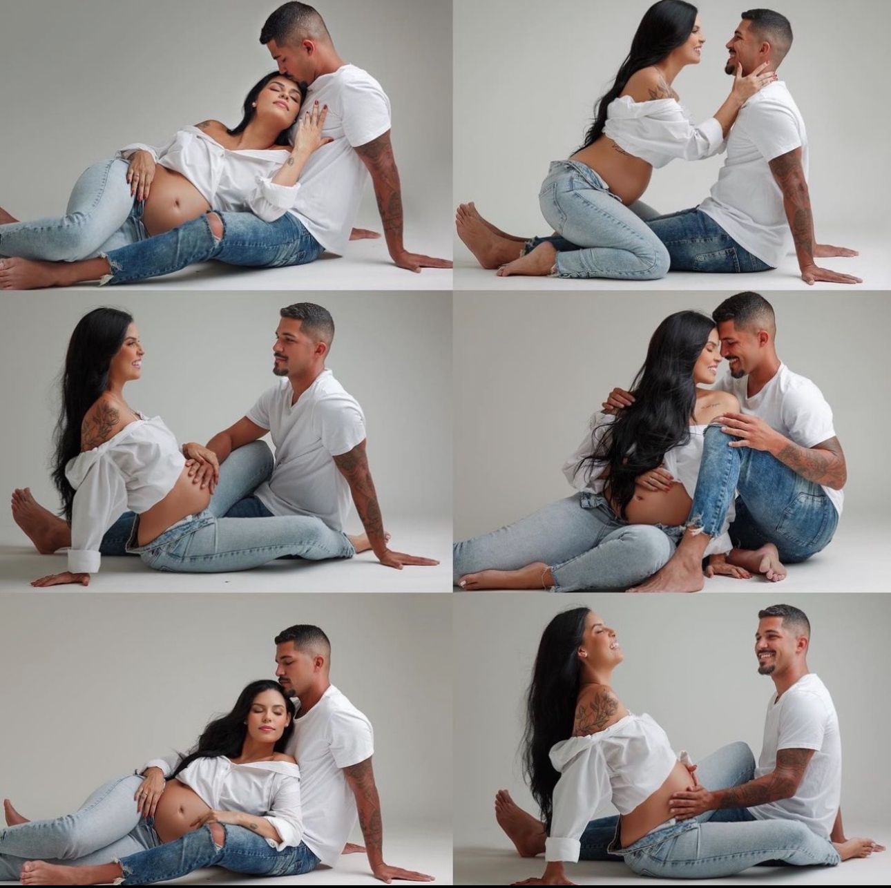 Pregnant couple maternity photoshoot collage, woman in white off-shoulder top and jeans with partner in white tee, studio setting.