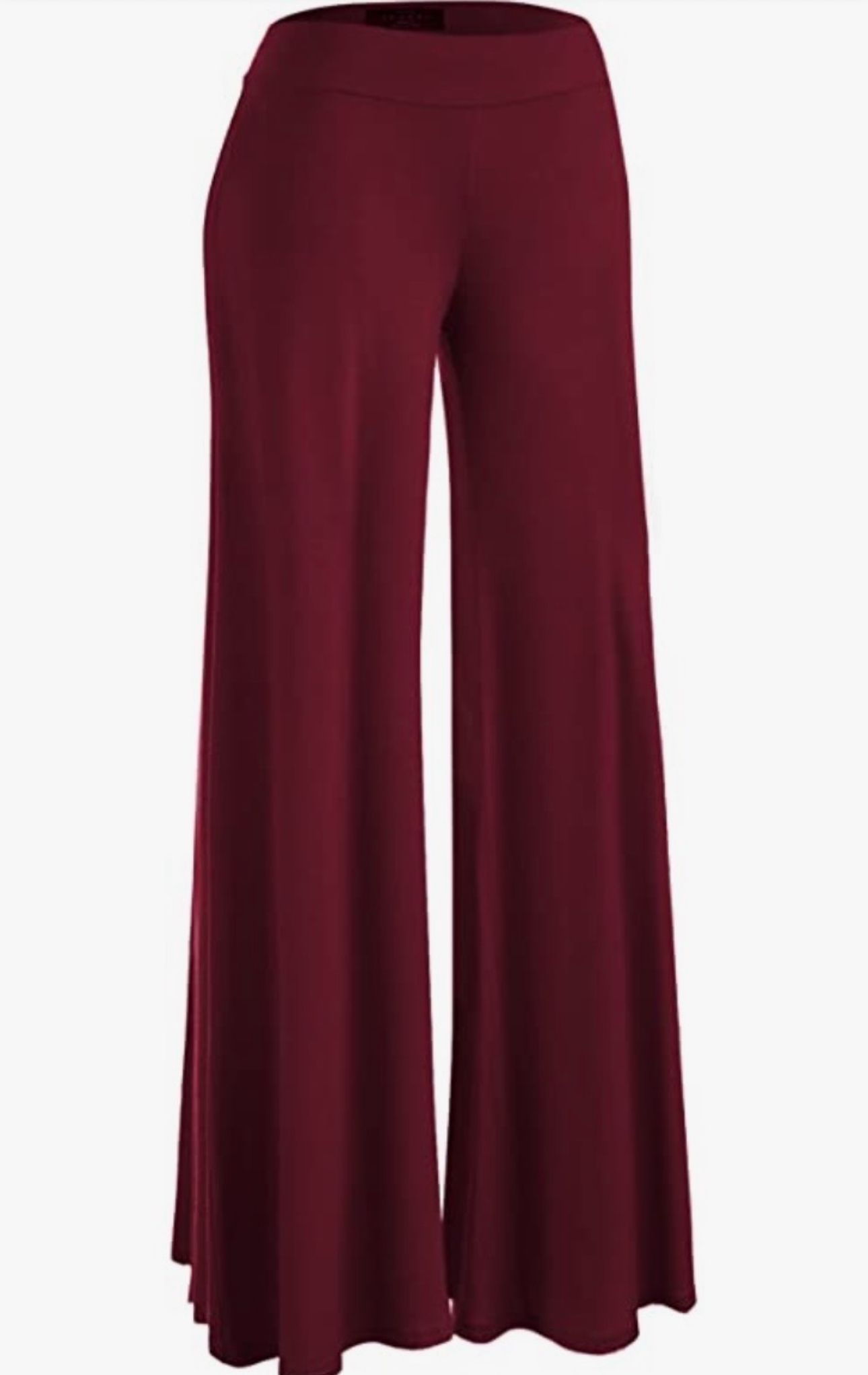 Burgundy wide-leg palazzo pants with elastic waistband, flowing silhouette in rich wine red color.