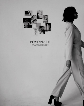 A black and white fashion editorial series showing a model in an oversized white blazer against a minimalist background.