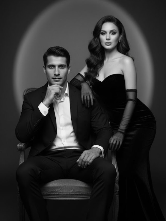 Dramatic black and white fashion portrait series showing intimate poses between two models in formal attire.