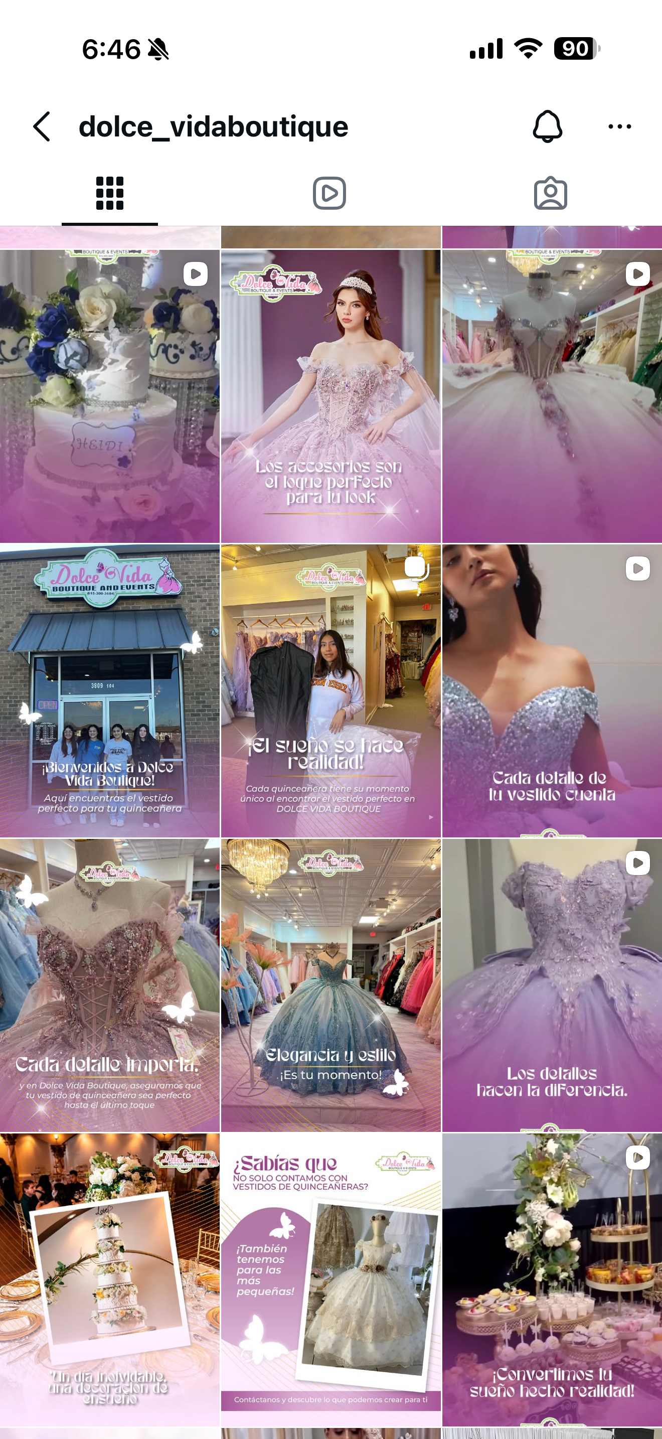 Instagram grid of Dolce Vida Boutique featuring purple quinceañera ballgowns, beaded dresses, cakes, and Spanish promotional posts.
