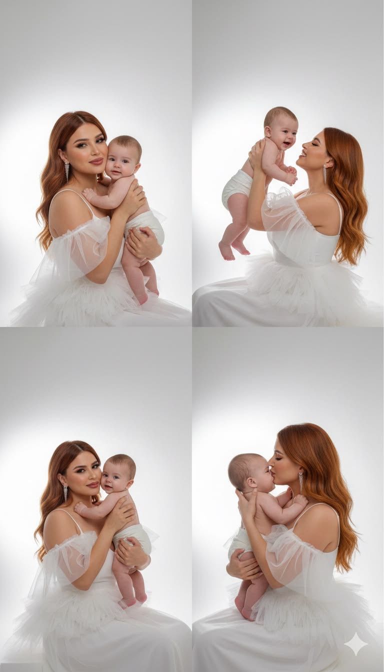 A redhead mother in a white dress lovingly holds her baby in four tender studio portrait poses.