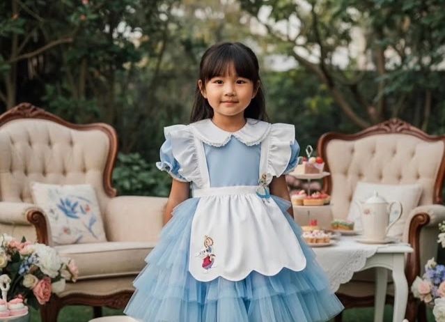 Young girl in Alice in Wonderland costume blue dress white apron at outdoor tea party setting.