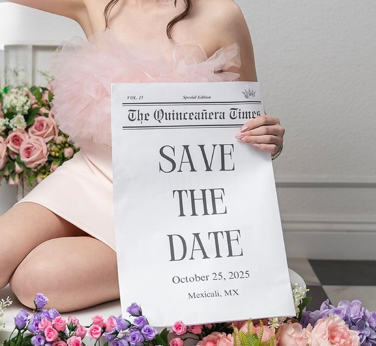 Young woman in pink tutu holds Quinceanera Times Save the Date newspaper sign for October 25, 2025 in Mexicali MX.