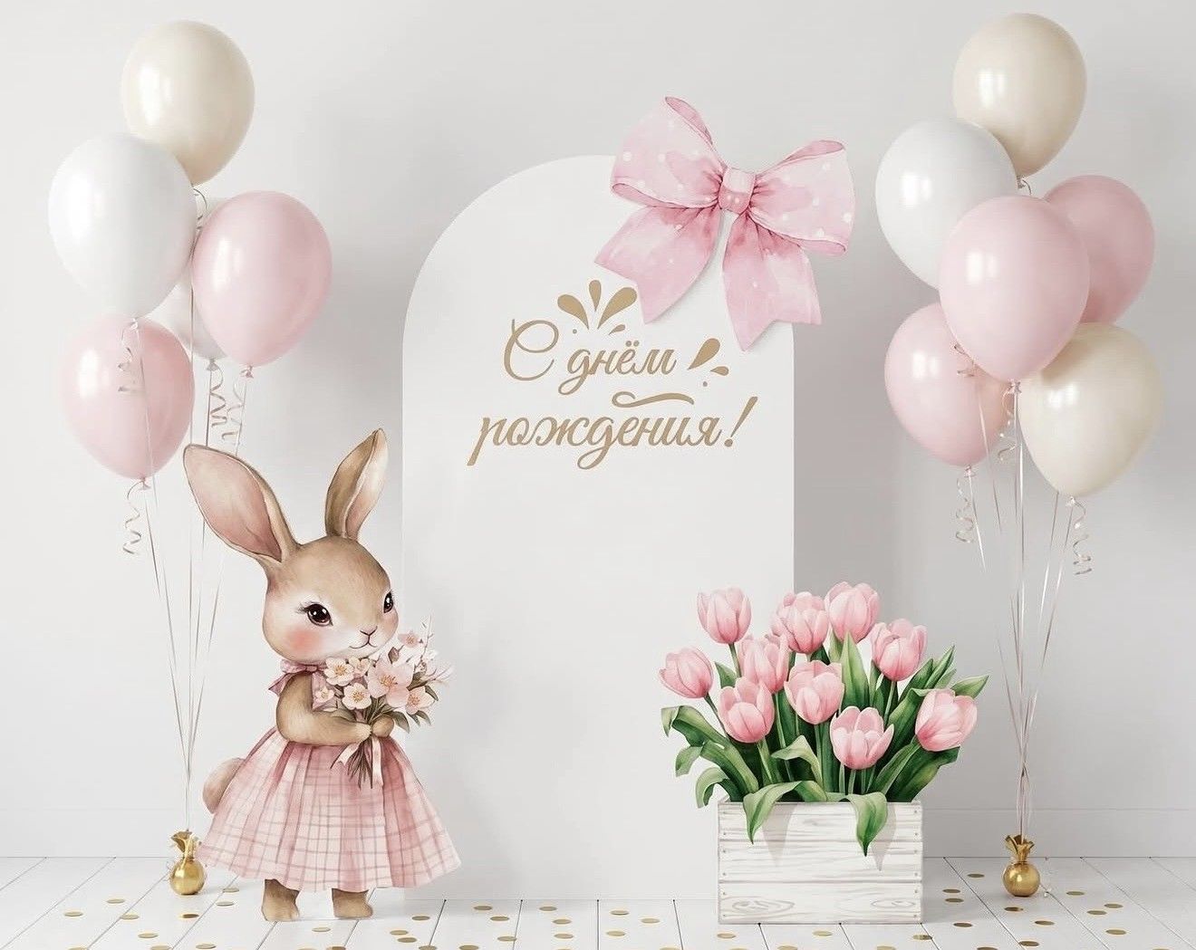 Birthday party decor with bunny, pink tulips, balloons, and a sign reading Happy Birthday in Russian.
