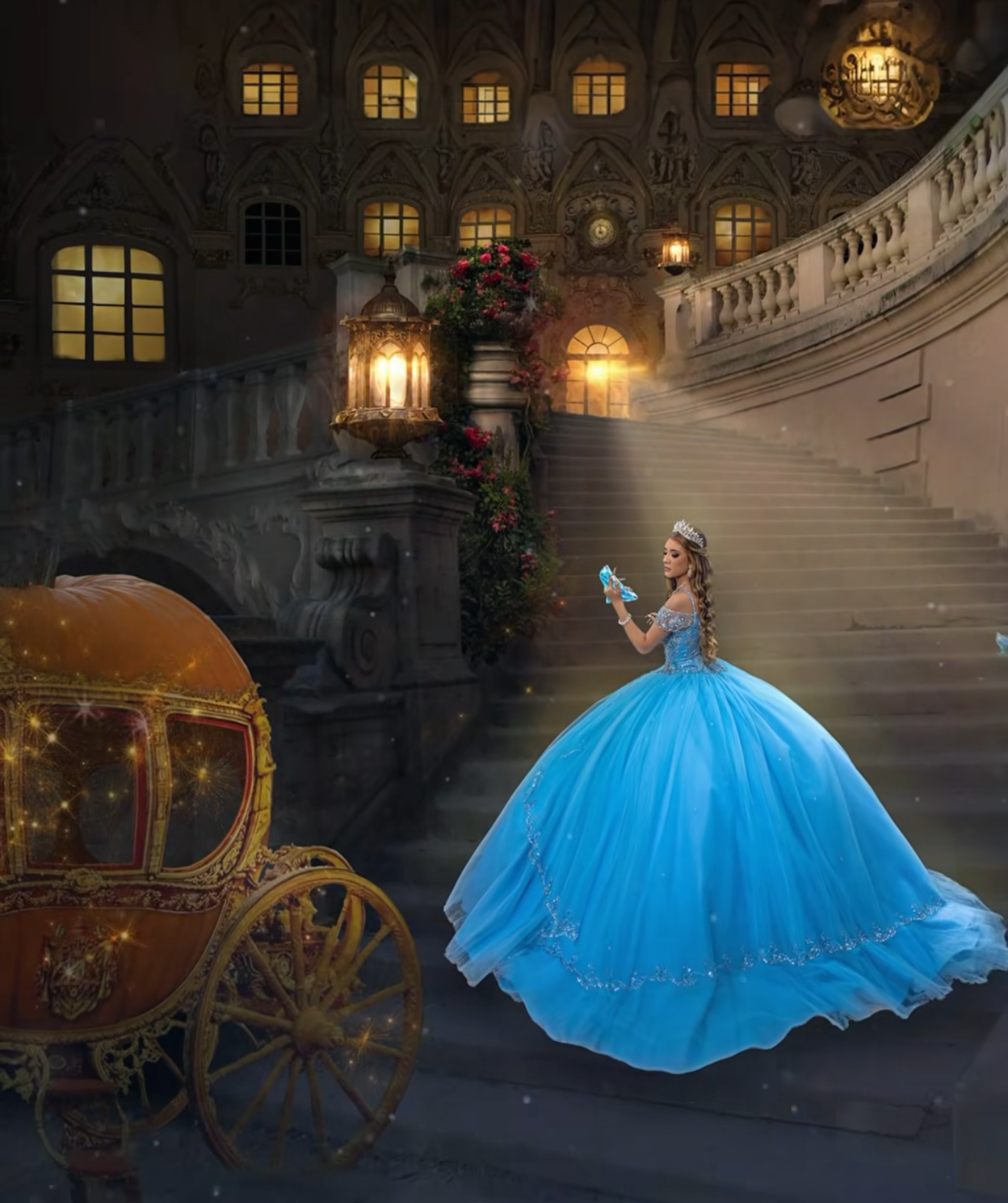 A young woman in a blue ball gown holds a glass slipper beside a golden carriage in a magical castle setting.