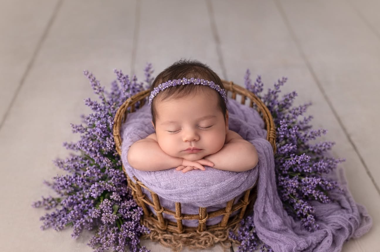 Newborn baby sleeping peacefully in a wicker basket surrounded by purple lavender flowers with a matching headband.