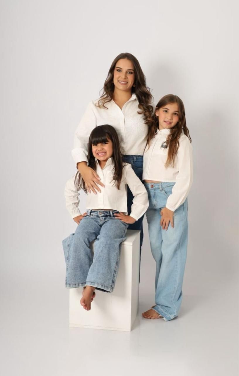 A series of casual lifestyle portraits showing a parent and child in matching white tops and denim against a light background.