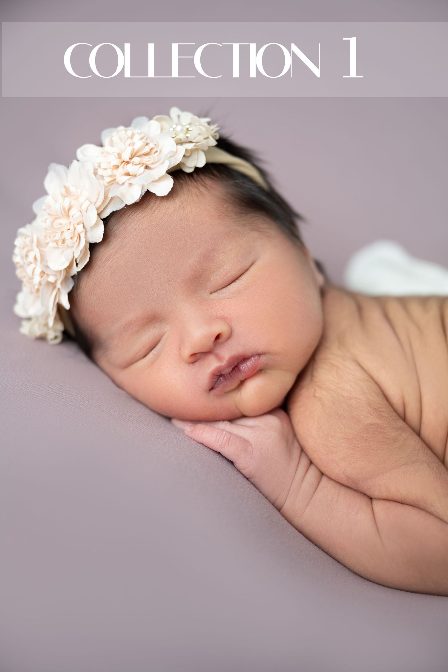 Sleeping newborn baby girl wearing a delicate cream floral headband, resting peacefully on a soft lavender backdrop.