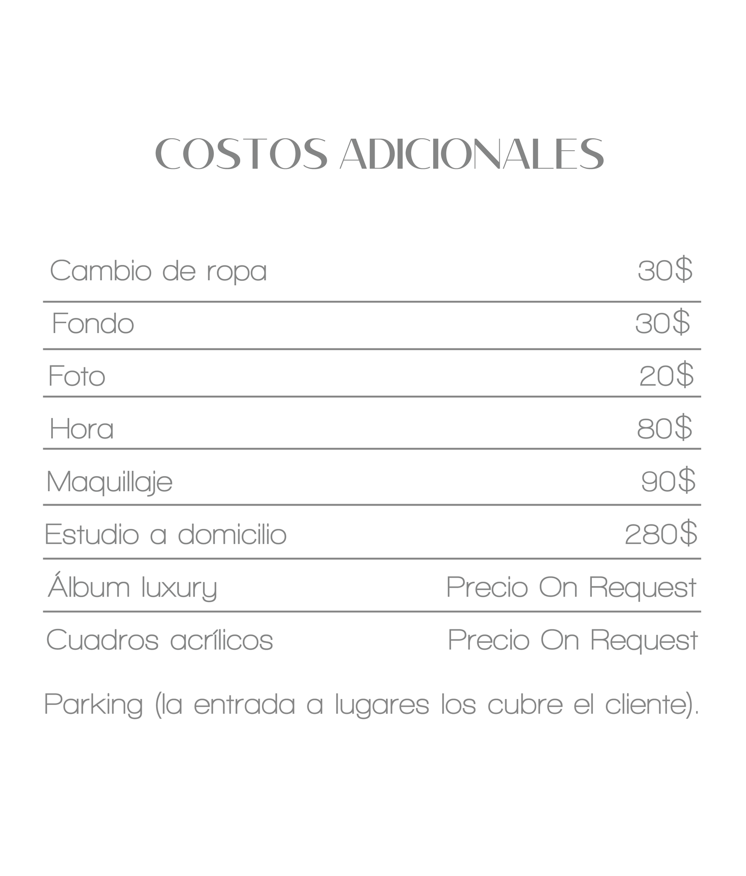 Photography studio additional costs list in Spanish, including makeup, backgrounds, albums, and acrylic frames with prices.