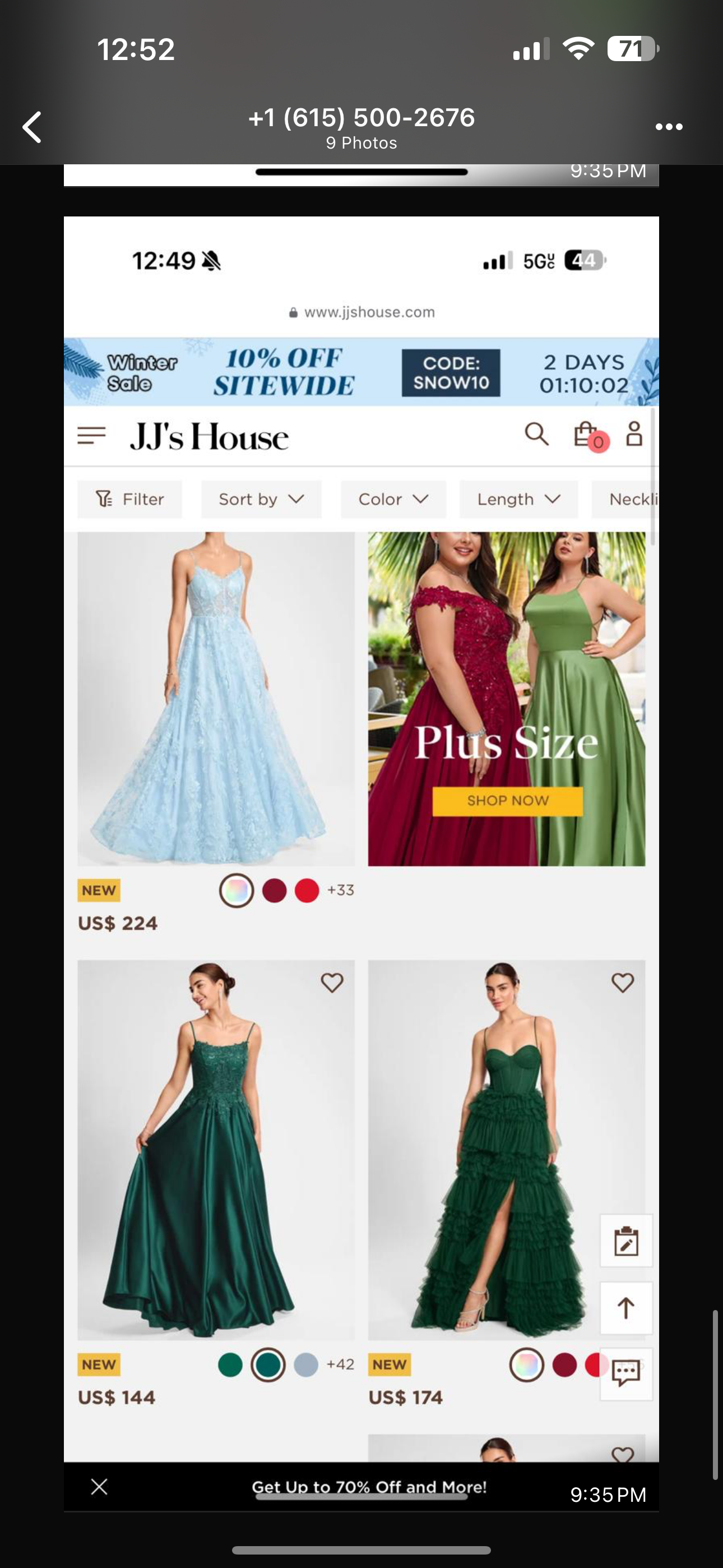 JJ's House formal gown sale featuring blue lace ballgown, plus size satin dress, and emerald green evening dresses starting at $144.