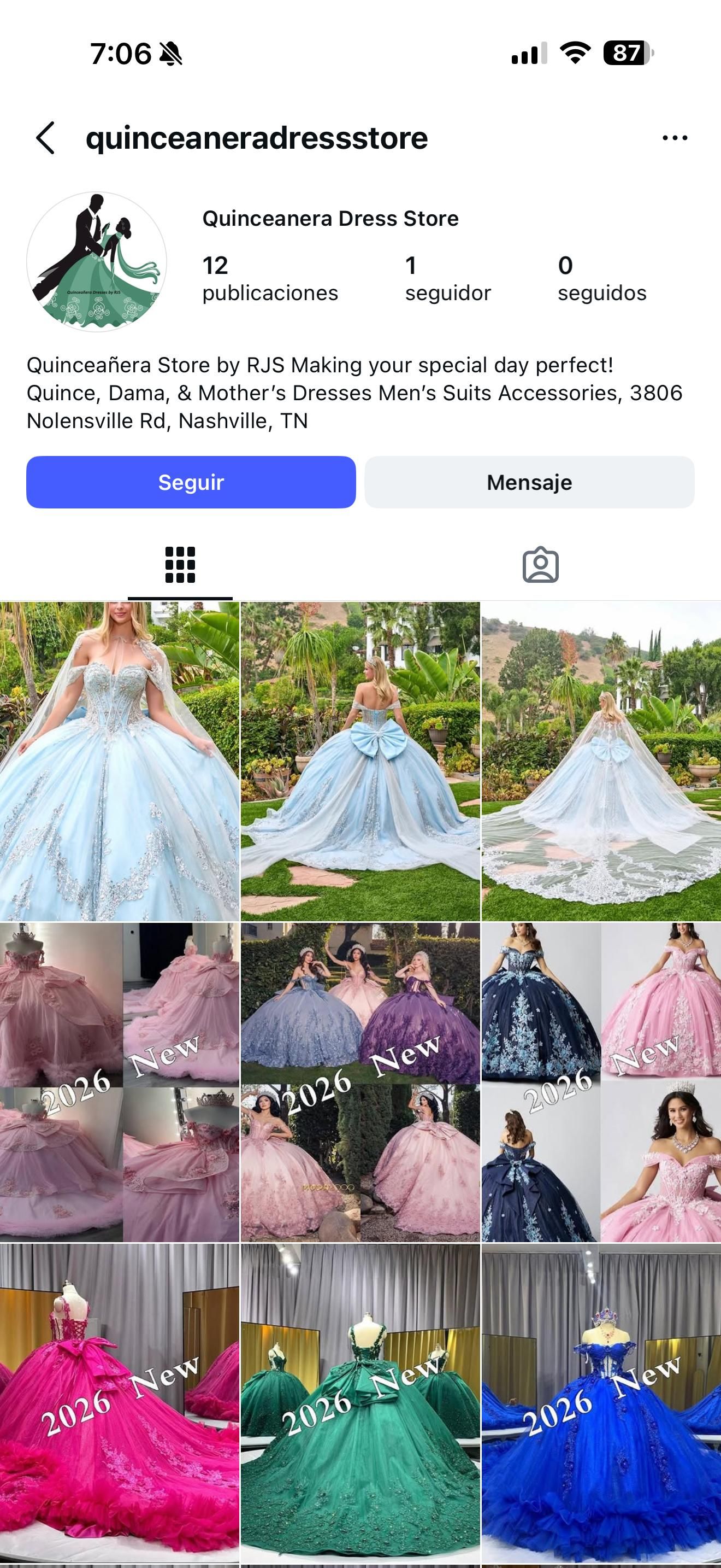 Instagram profile of Quinceañera Dress Store in Nashville, TN, showcasing colorful 2026 ball gowns in pink, blue, and green.