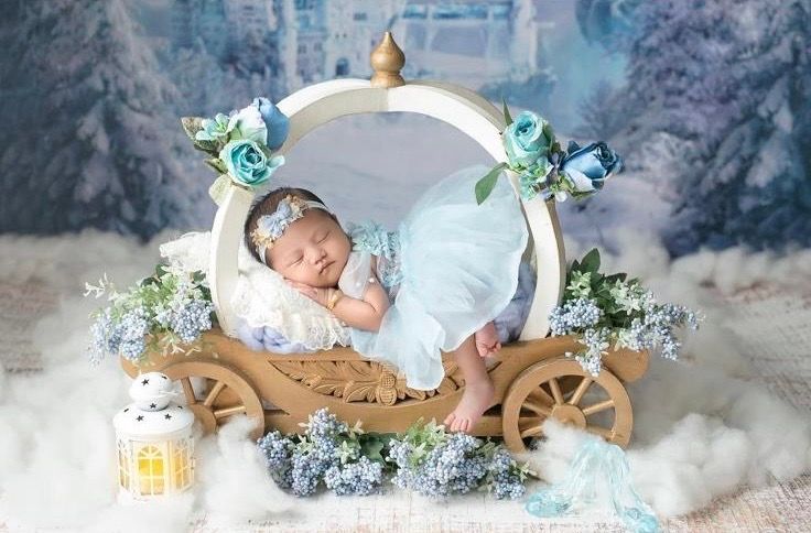 Newborn baby sleeping in white carriage prop with blue flowers for a fairy tale themed photo shoot.