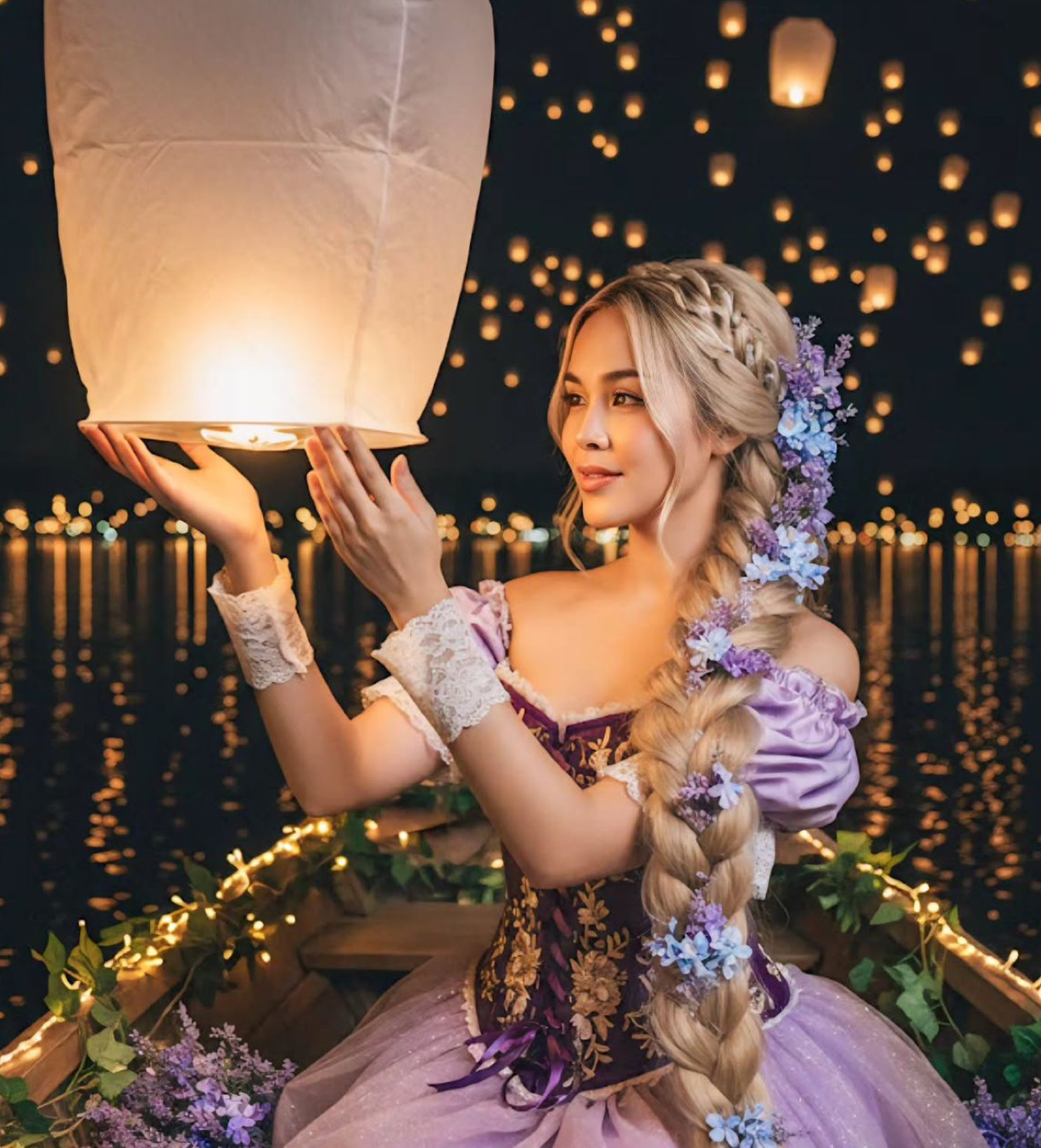 Woman in Rapunzel costume holding glowing sky lantern on boat surrounded by floating lanterns at night.