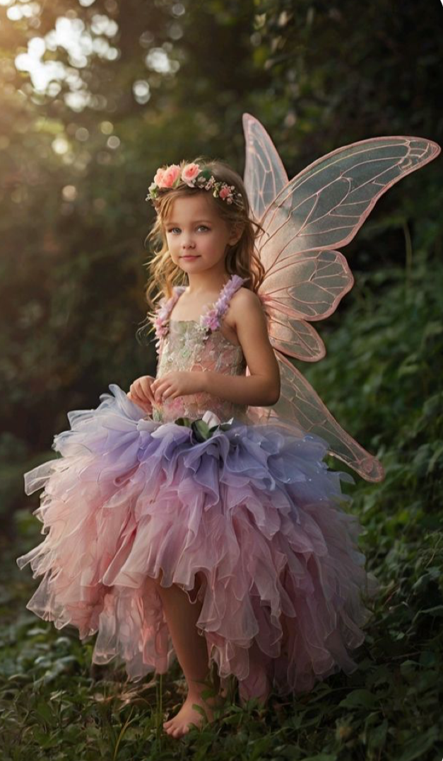 A young girl in a pastel tulle fairy dress with pink butterfly wings and floral crown poses outdoors in golden light.
