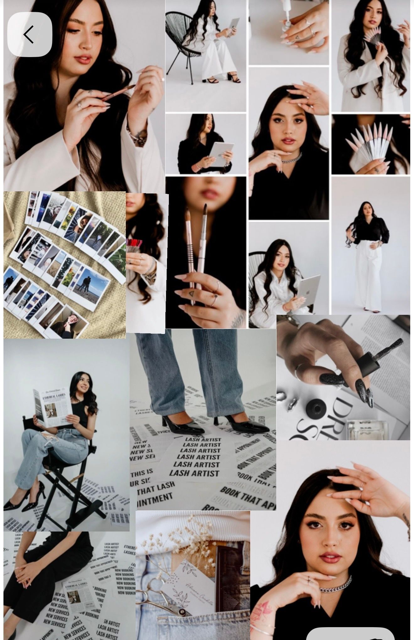 A lash artist poses in a professional collage showcasing beauty tools, lash supplies, and branding materials in black and white.