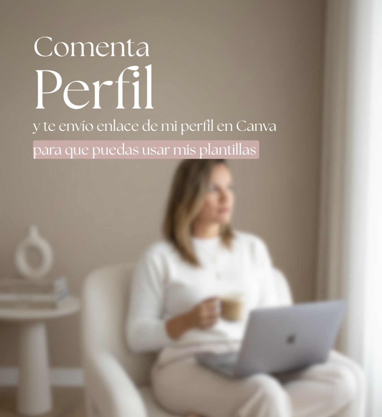Woman in white sweater using laptop in armchair with Spanish text promoting Canva profile templates.