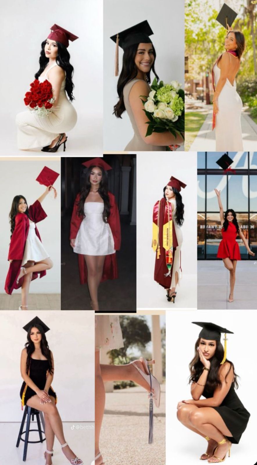 Collection of graduation photos showing graduates in red and black caps and gowns with white dresses.