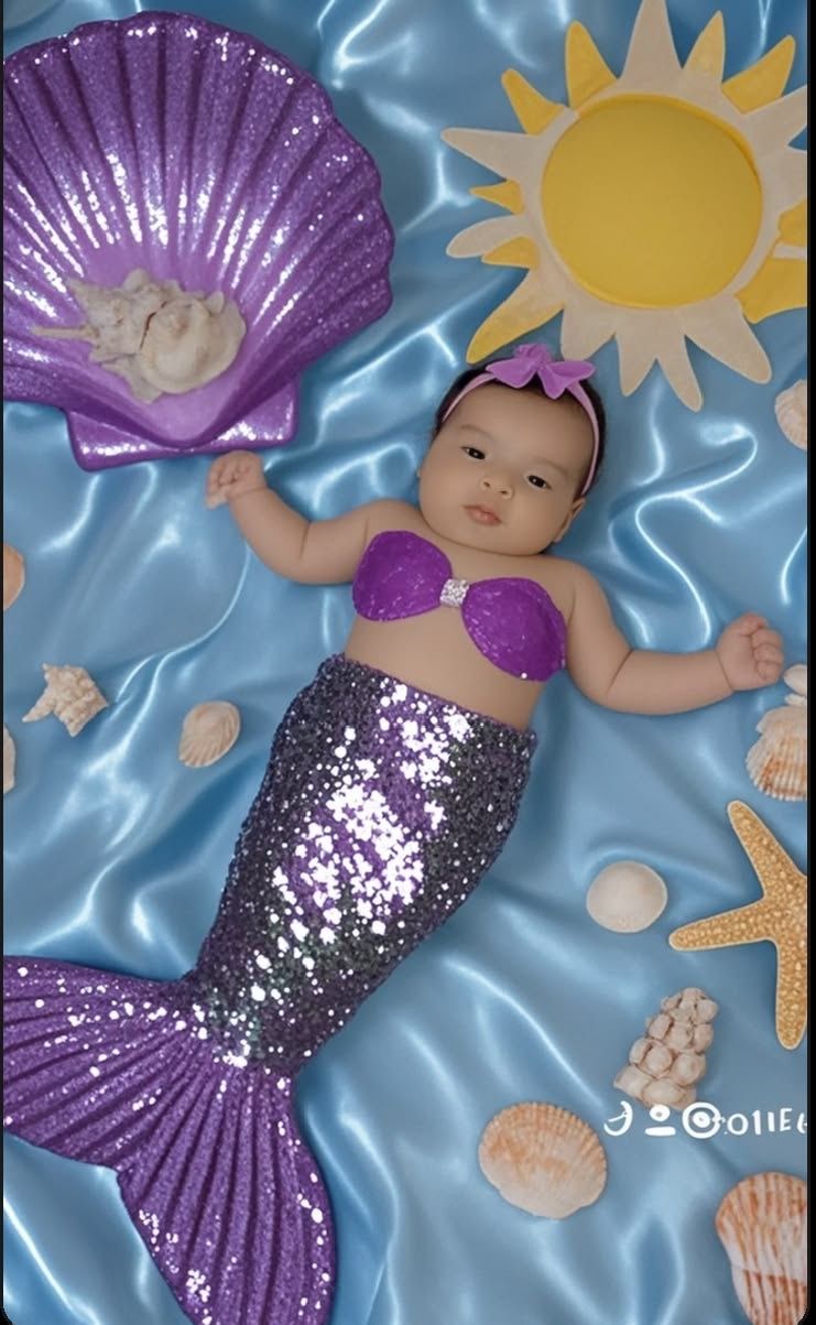 Newborn baby dressed as a mermaid with purple sequin tail and top, surrounded by seashells and starfish on blue satin.