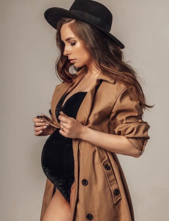 Fashion model wearing a camel coat and black dress poses in various elegant positions against a neutral backdrop.