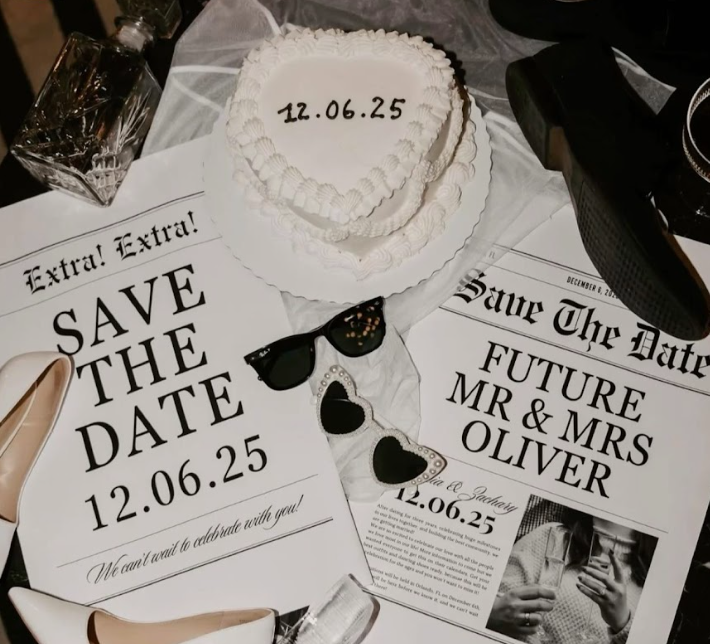 Wedding invitation suite in black and white with elegant typography and save the date cards arranged on a surface.