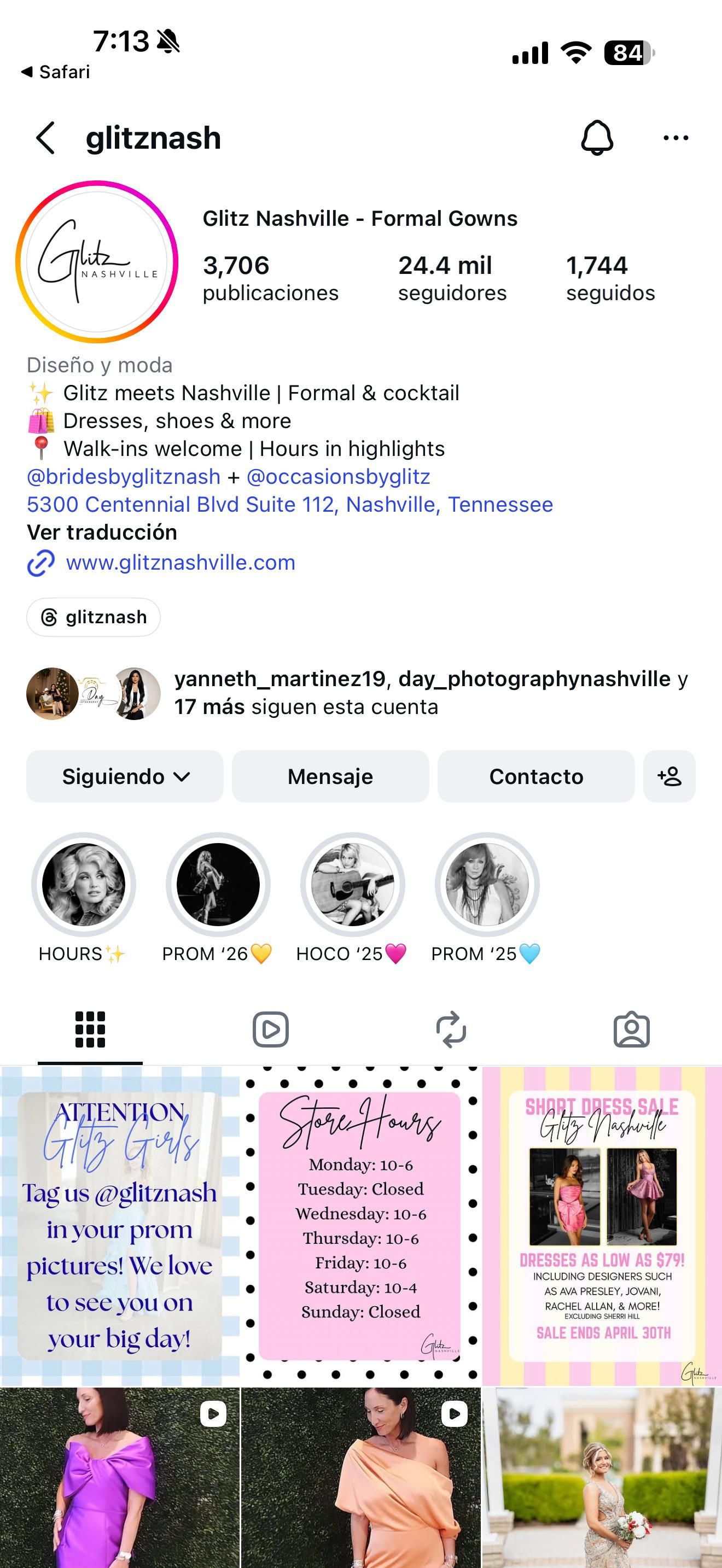 Instagram profile of Glitz Nashville formal gown boutique showing store hours, prom dresses, and promotional posts.