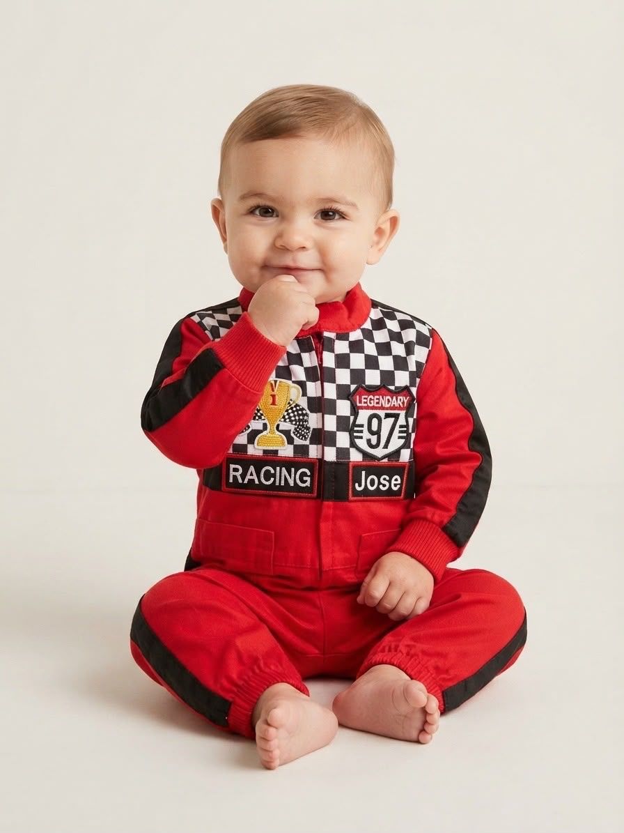 Baby in red racing jumpsuit with checkered pattern, number 97, and personalized name patch, sitting and smiling.