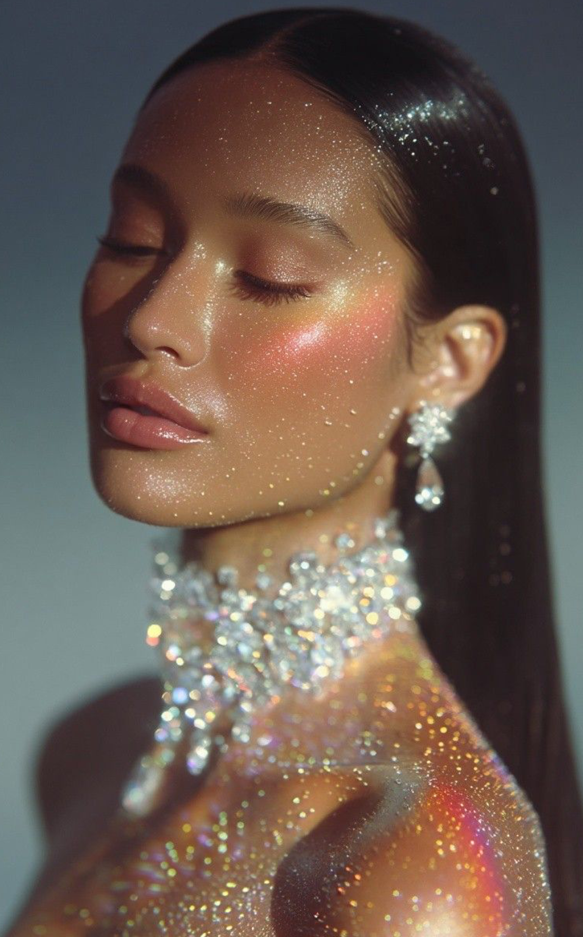 A model with glitter-adorned skin, crystal necklace, and diamond earrings poses with closed eyes in a luminous beauty editorial.