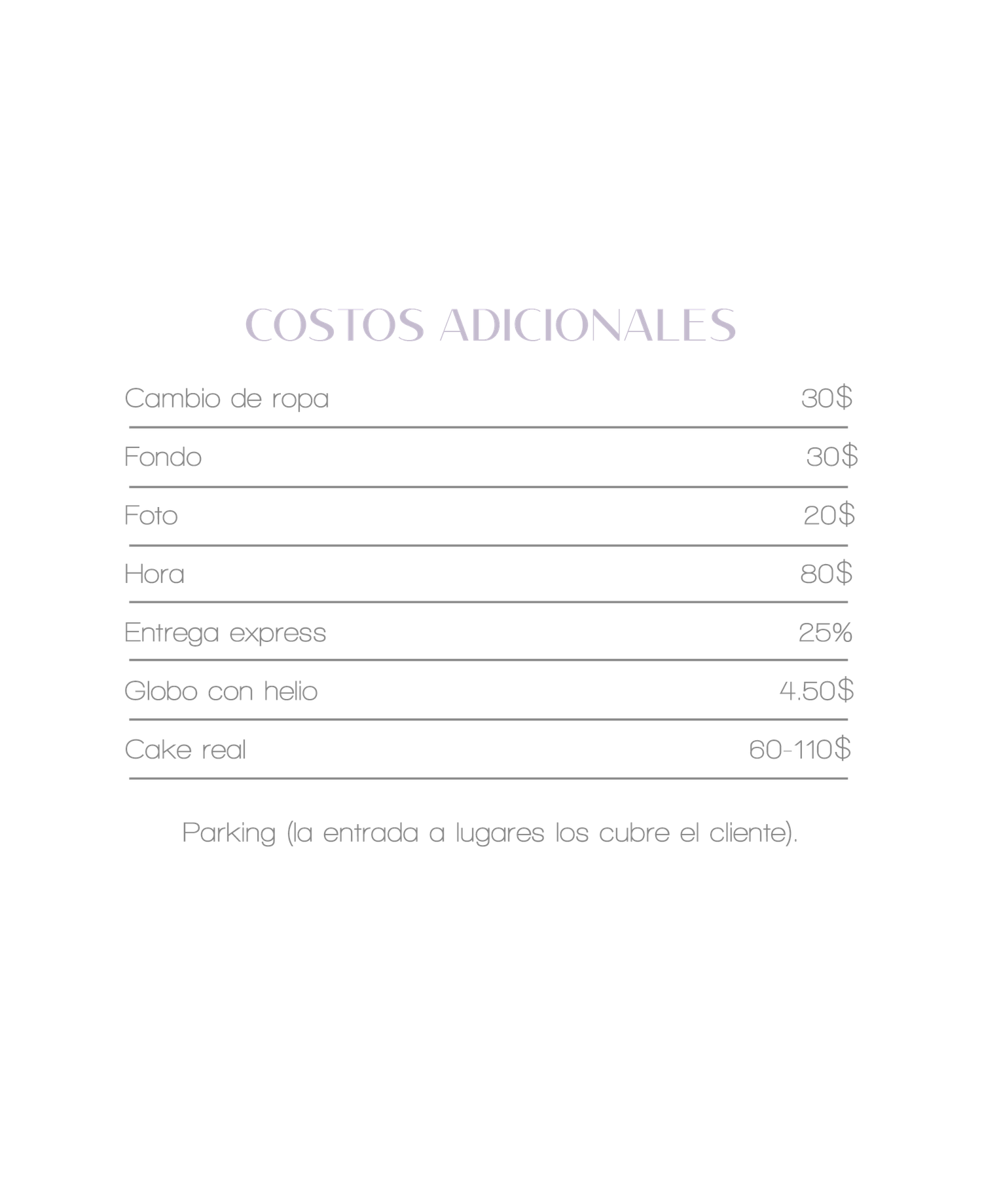 Price list for additional photography services including outfit changes, backgrounds, express delivery, and cake smash sessions.